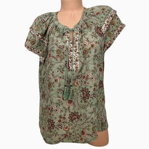 DR2 Boho Floral Print Tassel Top Size M Tie V Neck Ruffle Short Sleeve Shirt 70s